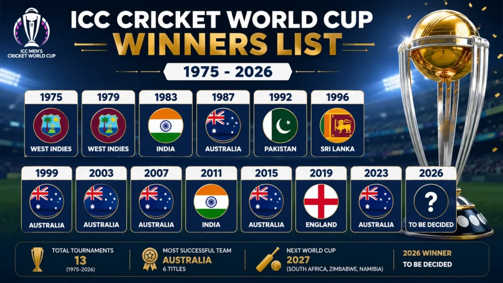 ICC Cricket World Cup Winners List (1975-2026)